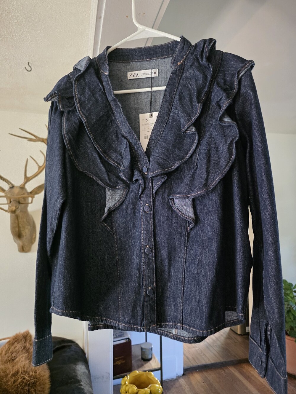 Zara Dark Indigo Ruffle-Trim Denim Shirt Blouse Women's Large NWT